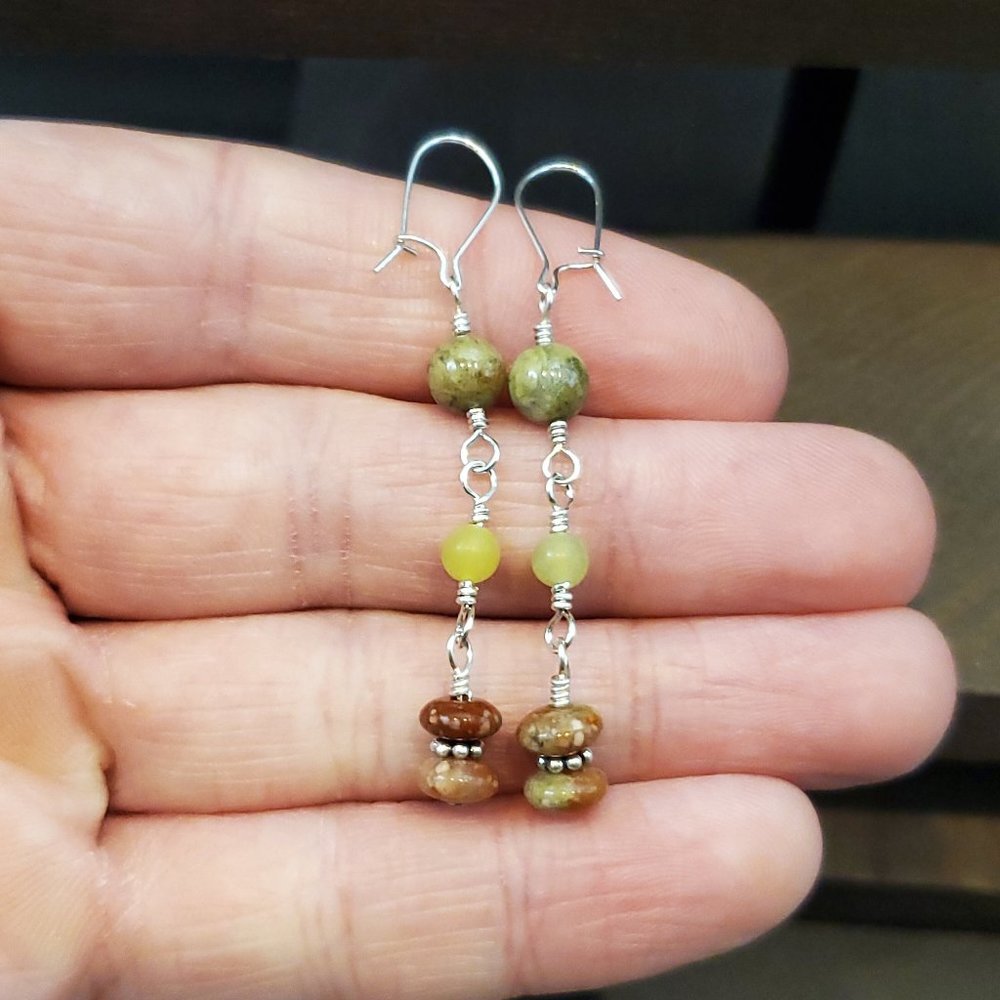 925 Sterling Silver Stacked Various Stones Dangle Earrings